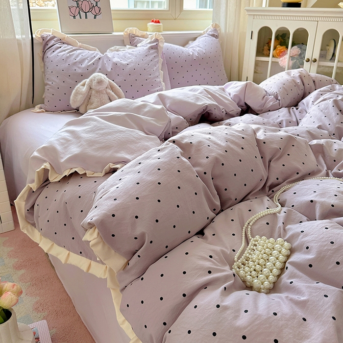 91家纺网 家纺一手货源 找家纺 冕悠家纺 2025新款少女心加厚超柔皱皱小花边水洗棉四件套（加微信提供买家秀 ） 公主-紫点