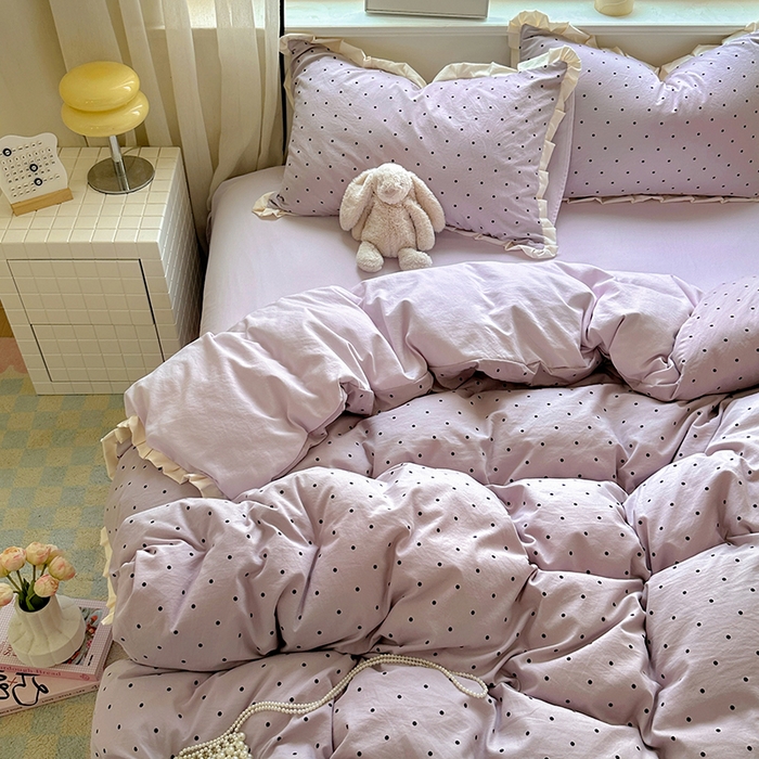 91家纺网 家纺一手货源 找家纺 冕悠家纺 2025新款少女心加厚超柔皱皱小花边水洗棉四件套（加微信提供买家秀 ） 公主-紫点