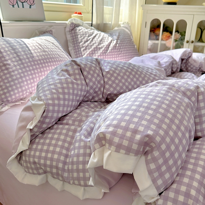 冕悠家纺 2025新款少女心加厚超柔皱皱小花边水洗棉四件套（加微信提供买家秀 ） 公主-紫格