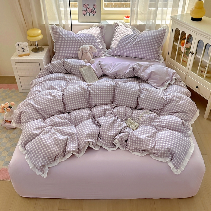 91家纺网 家纺一手货源 找家纺 冕悠家纺 2025新款少女心加厚超柔皱皱小花边水洗棉四件套（加微信提供买家秀 ） 公主-紫格