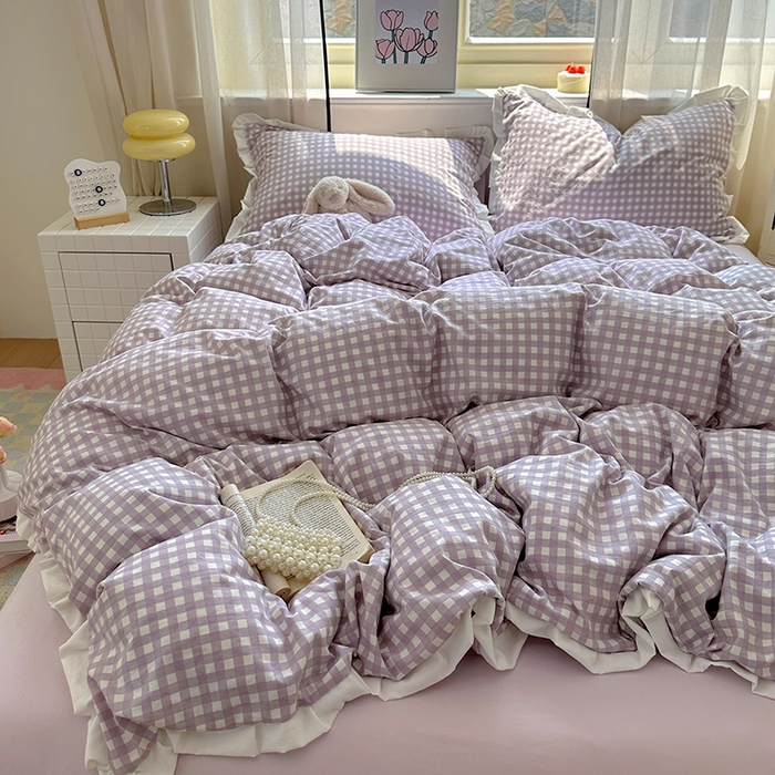 91家纺网 家纺一手货源 找家纺 冕悠家纺 2025新款少女心加厚超柔皱皱小花边水洗棉四件套（加微信提供买家秀 ） 公主-紫格