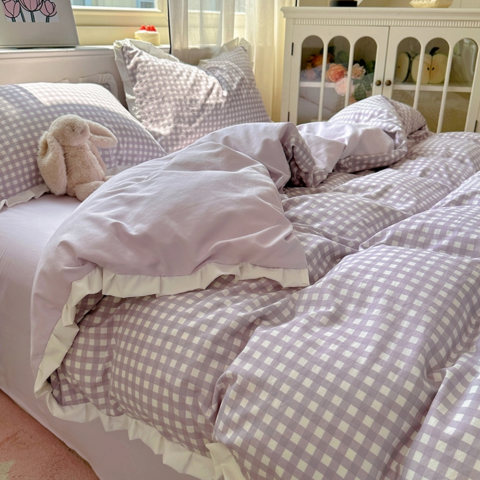 91家纺网 家纺一手货源 找家纺 冕悠家纺 2025新款少女心加厚超柔皱皱小花边水洗棉四件套（加微信提供买家秀 ） 公主-紫格