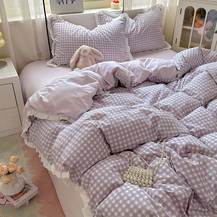 91家纺网 家纺一手货源 找家纺 冕悠家纺 2025新款少女心加厚超柔皱皱小花边水洗棉四件套（加微信提供买家秀 ） 公主-紫格