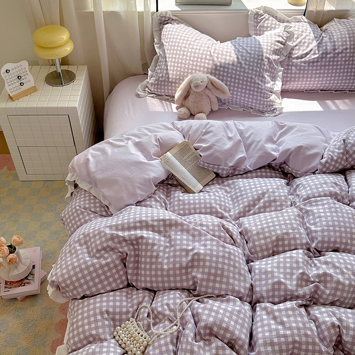 91家纺网 家纺一手货源 找家纺 冕悠家纺 2025新款少女心加厚超柔皱皱小花边水洗棉四件套（加微信提供买家秀 ） 公主-紫格