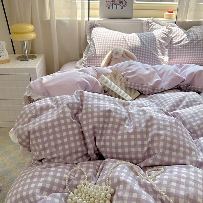 91家纺网 家纺一手货源 找家纺 冕悠家纺 2025新款少女心加厚超柔皱皱小花边水洗棉四件套（加微信提供买家秀 ） 公主-紫格