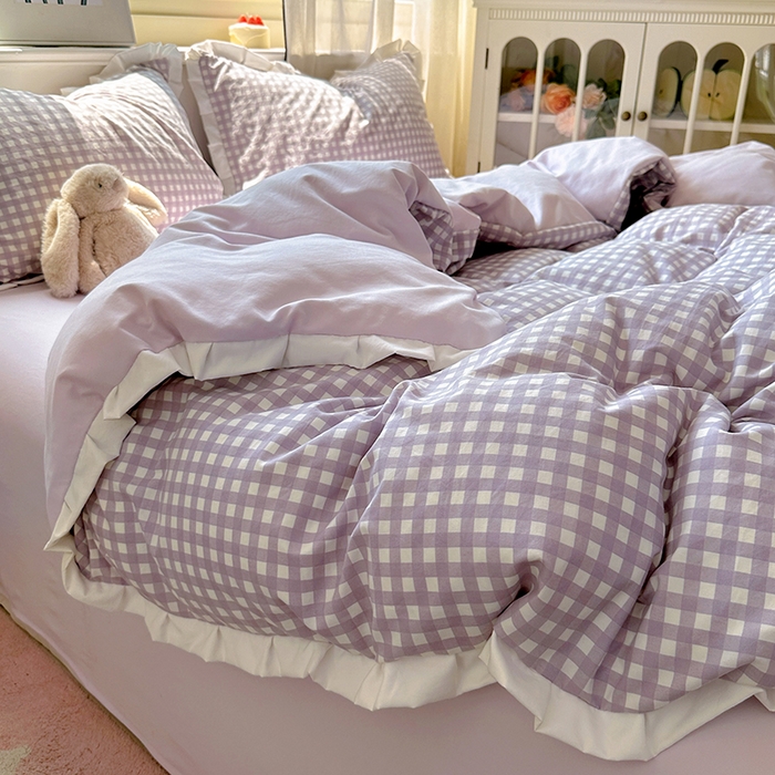 91家纺网 家纺一手货源 找家纺 冕悠家纺 2025新款少女心加厚超柔皱皱小花边水洗棉四件套（加微信提供买家秀 ） 公主-紫格
