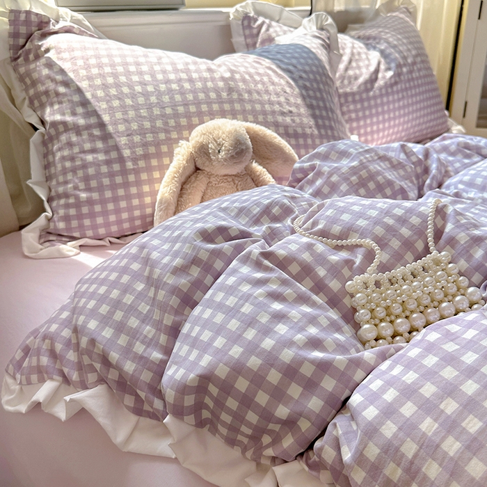 91家纺网 家纺一手货源 找家纺 冕悠家纺 2025新款少女心加厚超柔皱皱小花边水洗棉四件套（加微信提供买家秀 ） 公主-紫格