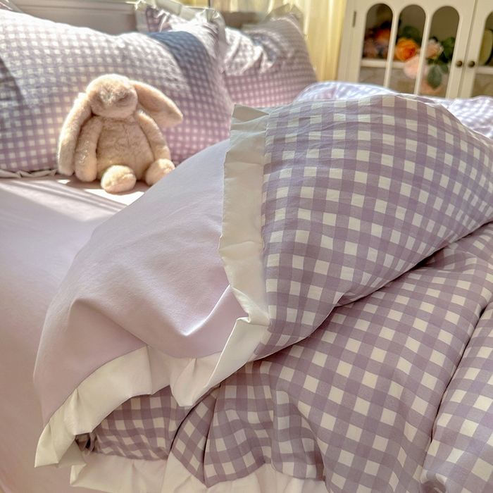 91家纺网 家纺一手货源 找家纺 冕悠家纺 2025新款少女心加厚超柔皱皱小花边水洗棉四件套（加微信提供买家秀 ） 公主-紫格