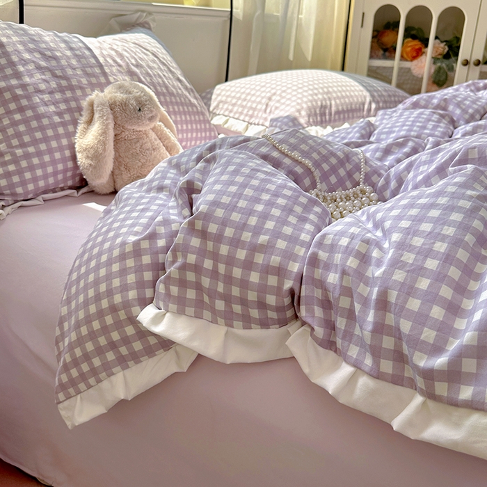 91家纺网 家纺一手货源 找家纺 冕悠家纺 2025新款少女心加厚超柔皱皱小花边水洗棉四件套（加微信提供买家秀 ） 公主-紫格