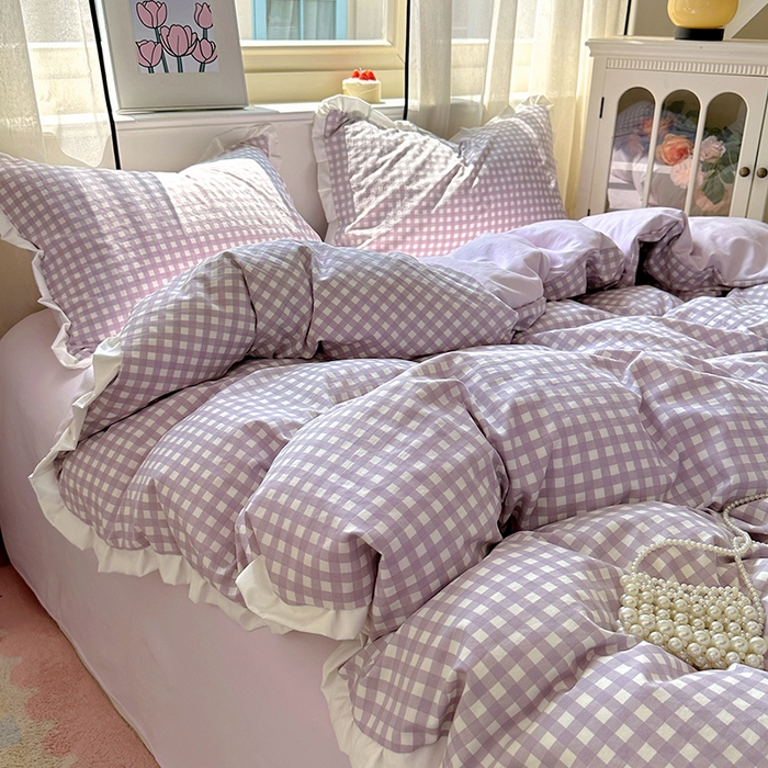 91家纺网 家纺一手货源 找家纺 冕悠家纺 2025新款少女心加厚超柔皱皱小花边水洗棉四件套（加微信提供买家秀 ） 公主-紫格