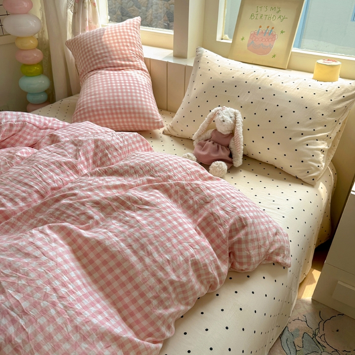 91家纺网 家纺一手货源 找家纺 （总）冕悠家纺 2025新款少女心超柔加厚混搭格子水洗棉四件套（加微信提供买家秀 ）