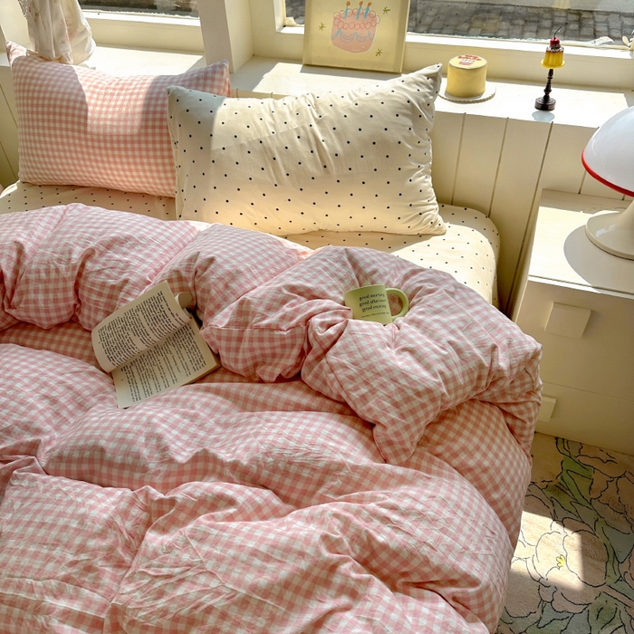 91家纺网 家纺一手货源 找家纺 （总）冕悠家纺 2025新款少女心超柔加厚混搭格子水洗棉四件套（加微信提供买家秀 ）