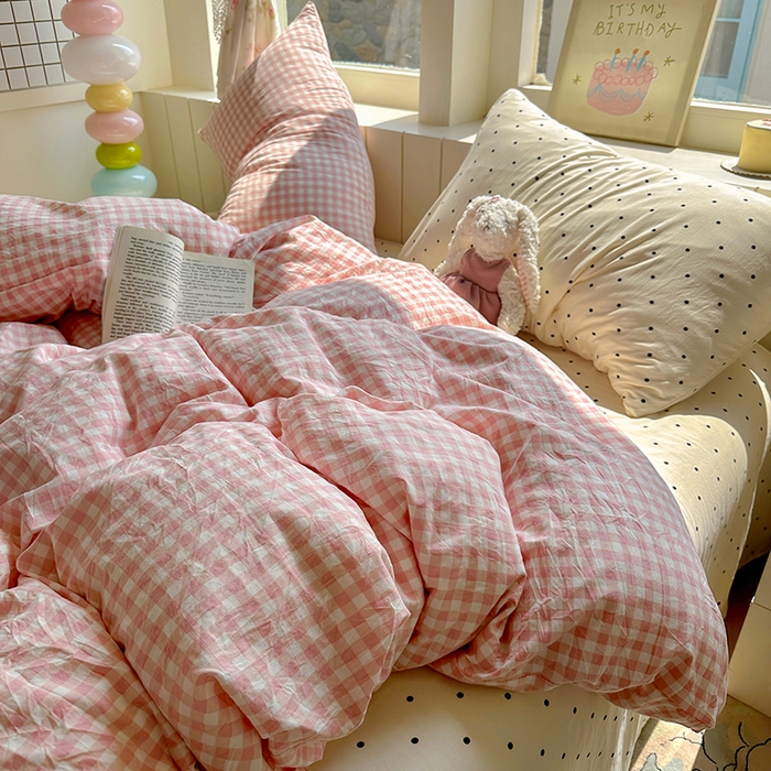 91家纺网 家纺一手货源 找家纺 （总）冕悠家纺 2025新款少女心超柔加厚混搭格子水洗棉四件套（加微信提供买家秀 ）