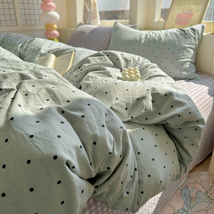 91家纺网 家纺一手货源 找家纺 冕悠家纺 2025新款少女心超柔加厚混搭格子水洗棉四件套（加微信提供买家秀 ） 蓝点+紫格