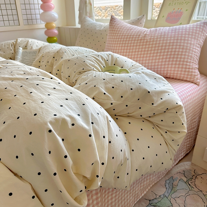 91家纺网 家纺一手货源 找家纺 冕悠家纺 2025新款少女心超柔加厚混搭格子水洗棉四件套（加微信提供买家秀 ） 米点+粉格