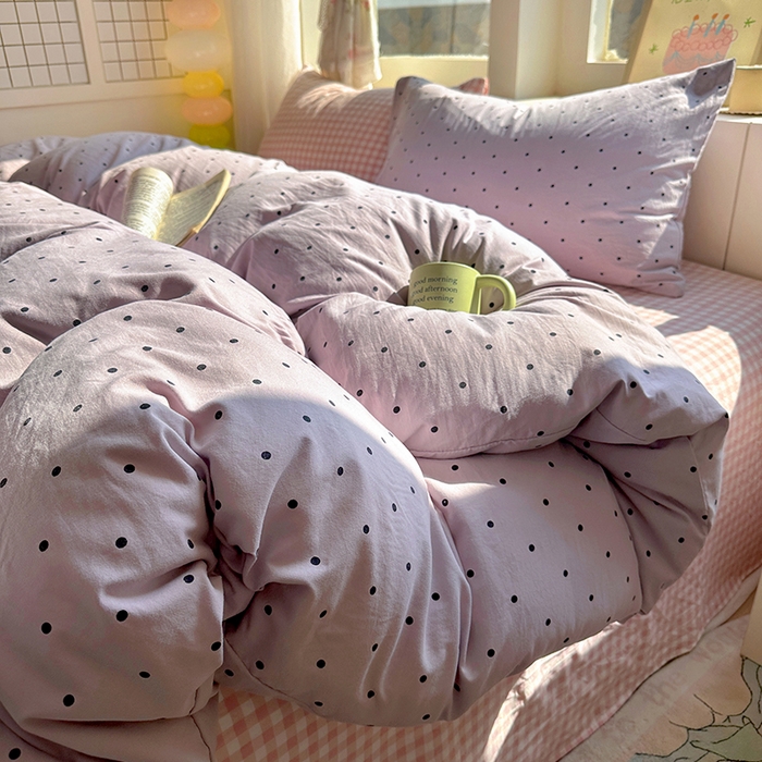 91家纺网 家纺一手货源 找家纺 冕悠家纺 2025新款少女心超柔加厚混搭格子水洗棉四件套（加微信提供买家秀 ） 紫点+粉格