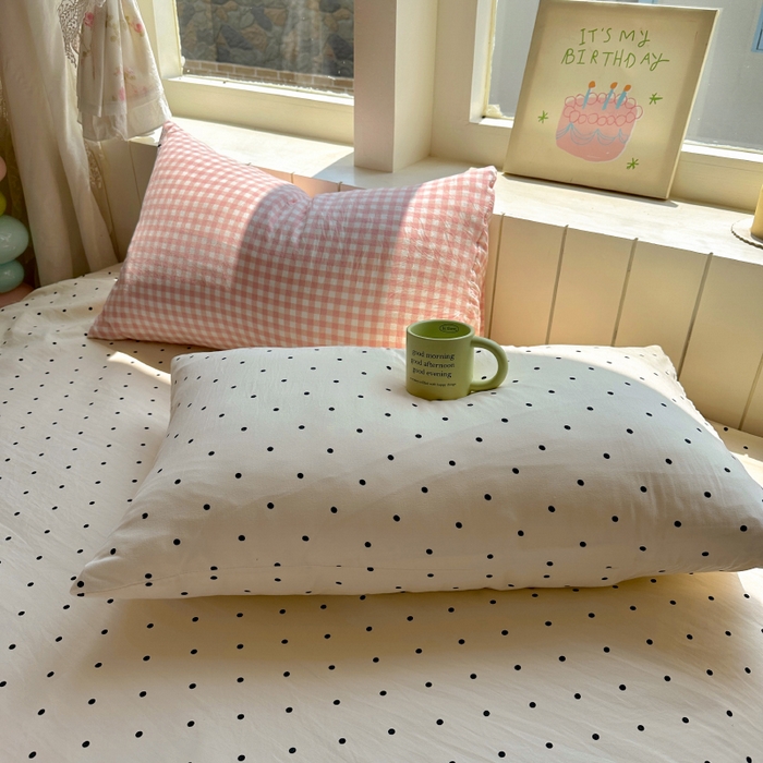 91家纺网 家纺一手货源 找家纺 冕悠家纺 2025新款少女心超柔加厚混搭格子水洗棉四件套（加微信提供买家秀 ） 粉格+米点