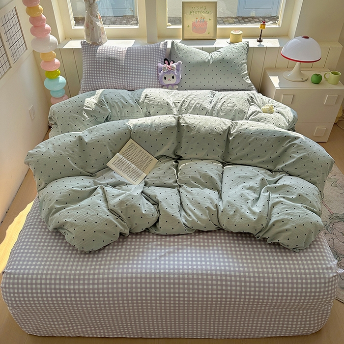 91家纺网 家纺一手货源 找家纺 冕悠家纺 2025新款少女心超柔加厚混搭格子水洗棉四件套（加微信提供买家秀 ） 蓝点+紫格