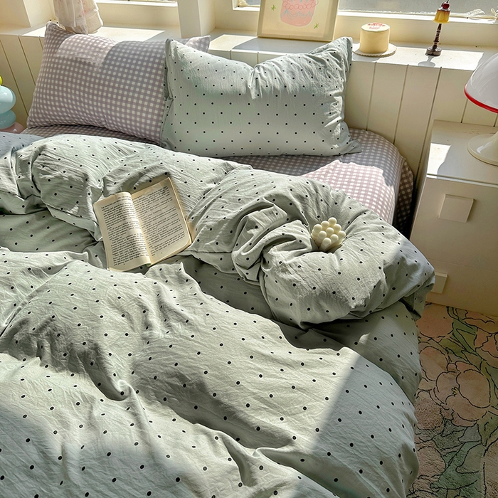 91家纺网 家纺一手货源 找家纺 冕悠家纺 2025新款少女心超柔加厚混搭格子水洗棉四件套（加微信提供买家秀 ） 蓝点+紫格