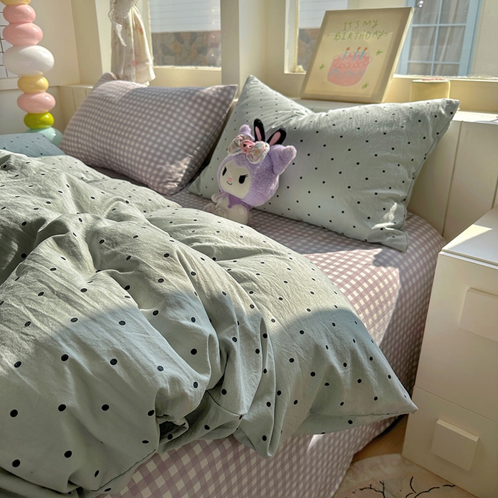 91家纺网 家纺一手货源 找家纺 冕悠家纺 2025新款少女心超柔加厚混搭格子水洗棉四件套（加微信提供买家秀 ） 蓝点+紫格