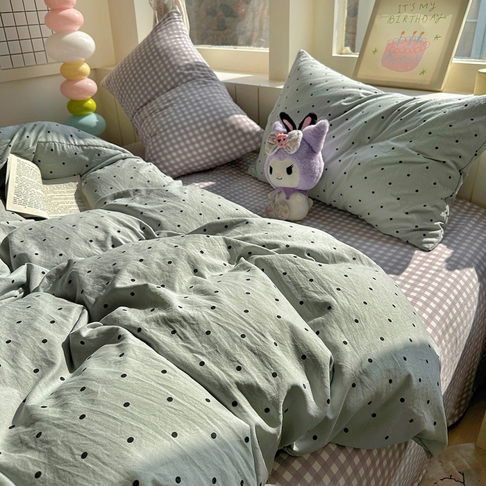 91家纺网 家纺一手货源 找家纺 冕悠家纺 2025新款少女心超柔加厚混搭格子水洗棉四件套（加微信提供买家秀 ） 蓝点+紫格