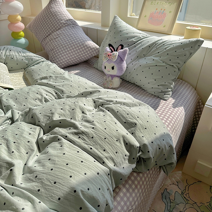 91家纺网 家纺一手货源 找家纺 冕悠家纺 2025新款少女心超柔加厚混搭格子水洗棉四件套（加微信提供买家秀 ） 蓝点+紫格