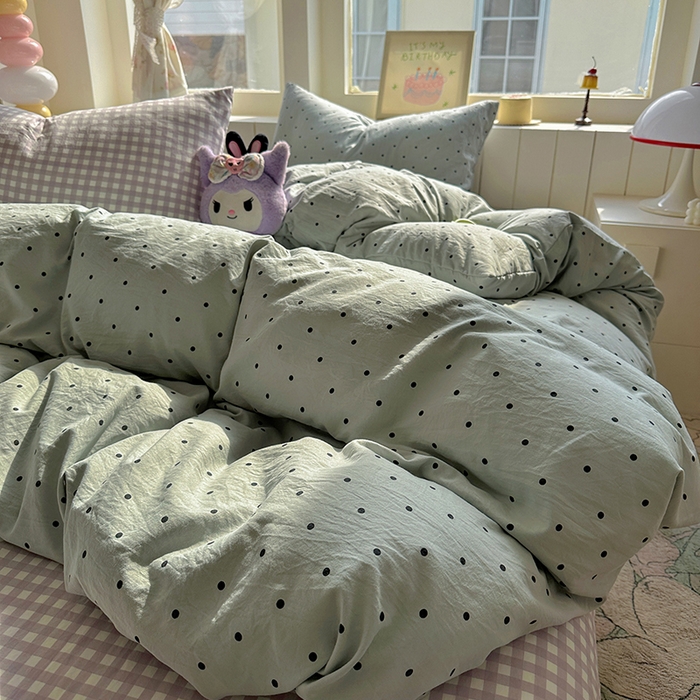 91家纺网 家纺一手货源 找家纺 冕悠家纺 2025新款少女心超柔加厚混搭格子水洗棉四件套（加微信提供买家秀 ） 蓝点+紫格