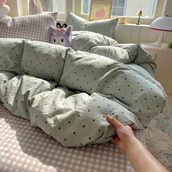 91家纺网 家纺一手货源 找家纺 冕悠家纺 2025新款少女心超柔加厚混搭格子水洗棉四件套（加微信提供买家秀 ） 蓝点+紫格