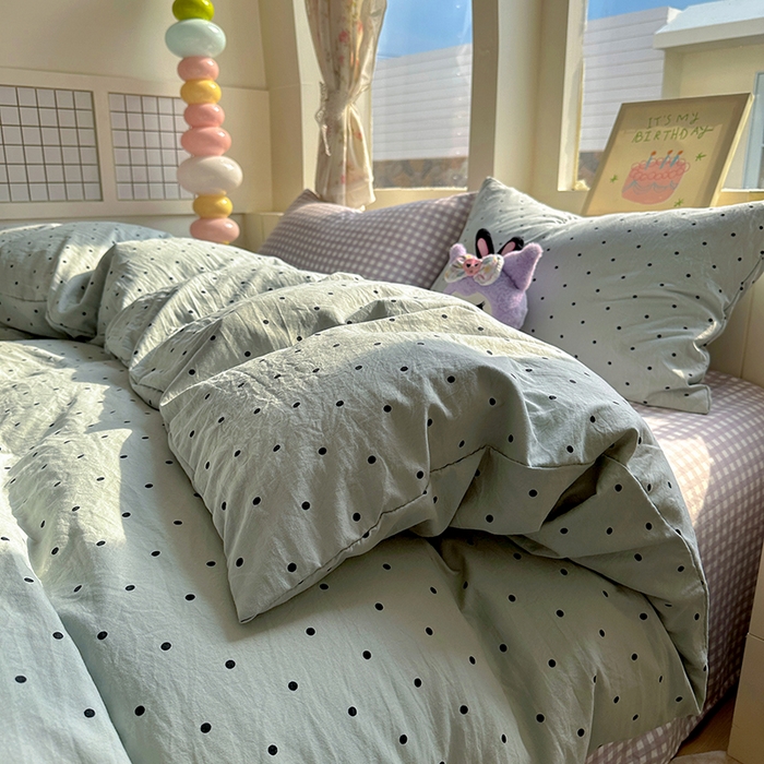 91家纺网 家纺一手货源 找家纺 冕悠家纺 2025新款少女心超柔加厚混搭格子水洗棉四件套（加微信提供买家秀 ） 蓝点+紫格