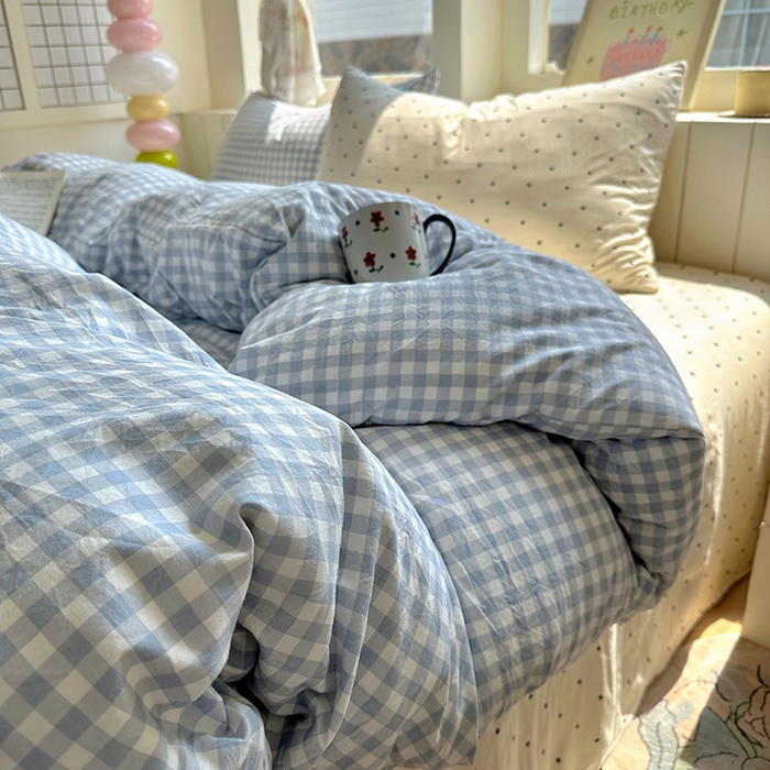 冕悠家纺 2025新款少女心超柔加厚混搭格子水洗棉四件套（加微信提供买家秀 ） 蓝格+米点