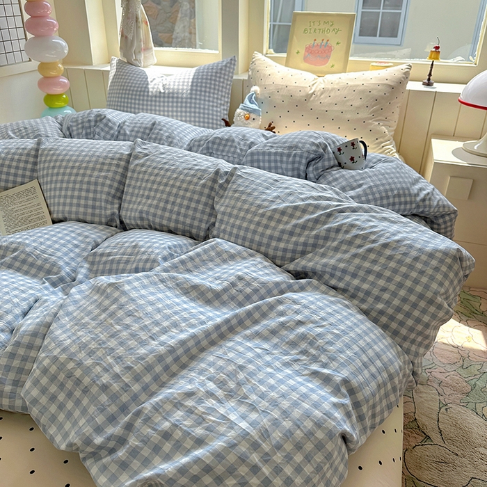 91家纺网 家纺一手货源 找家纺 冕悠家纺 2025新款少女心超柔加厚混搭格子水洗棉四件套（加微信提供买家秀 ） 蓝格+米点