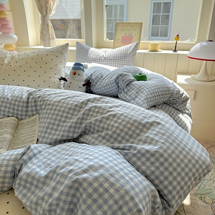 91家纺网 家纺一手货源 找家纺 冕悠家纺 2025新款少女心超柔加厚混搭格子水洗棉四件套（加微信提供买家秀 ） 蓝格+米点