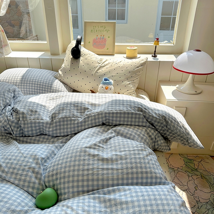 91家纺网 家纺一手货源 找家纺 冕悠家纺 2025新款少女心超柔加厚混搭格子水洗棉四件套（加微信提供买家秀 ） 蓝格+米点