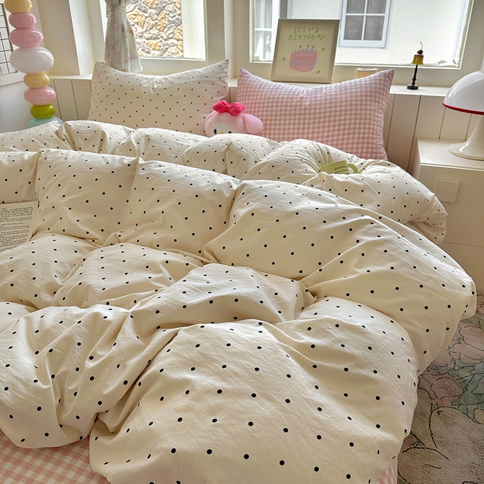 91家纺网 家纺一手货源 找家纺 冕悠家纺 2025新款少女心超柔加厚混搭格子水洗棉四件套（加微信提供买家秀 ） 米点+粉格