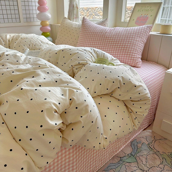 91家纺网 家纺一手货源 找家纺 冕悠家纺 2025新款少女心超柔加厚混搭格子水洗棉四件套（加微信提供买家秀 ） 米点+粉格