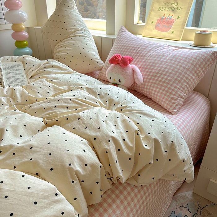 91家纺网 家纺一手货源 找家纺 冕悠家纺 2025新款少女心超柔加厚混搭格子水洗棉四件套（加微信提供买家秀 ） 米点+粉格