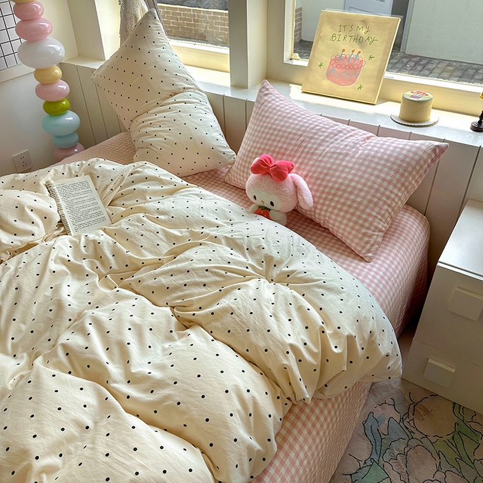91家纺网 家纺一手货源 找家纺 冕悠家纺 2025新款少女心超柔加厚混搭格子水洗棉四件套（加微信提供买家秀 ） 米点+粉格