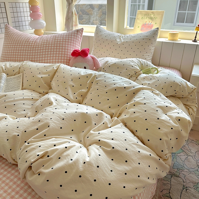 91家纺网 家纺一手货源 找家纺 冕悠家纺 2025新款少女心超柔加厚混搭格子水洗棉四件套（加微信提供买家秀 ） 米点+粉格