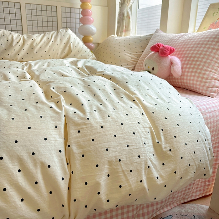 91家纺网 家纺一手货源 找家纺 冕悠家纺 2025新款少女心超柔加厚混搭格子水洗棉四件套（加微信提供买家秀 ） 米点+粉格