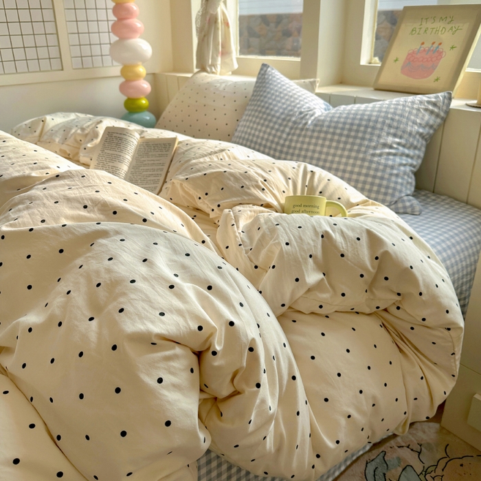 冕悠家纺 2025新款少女心超柔加厚混搭格子水洗棉四件套（加微信提供买家秀 ） 米点+蓝格