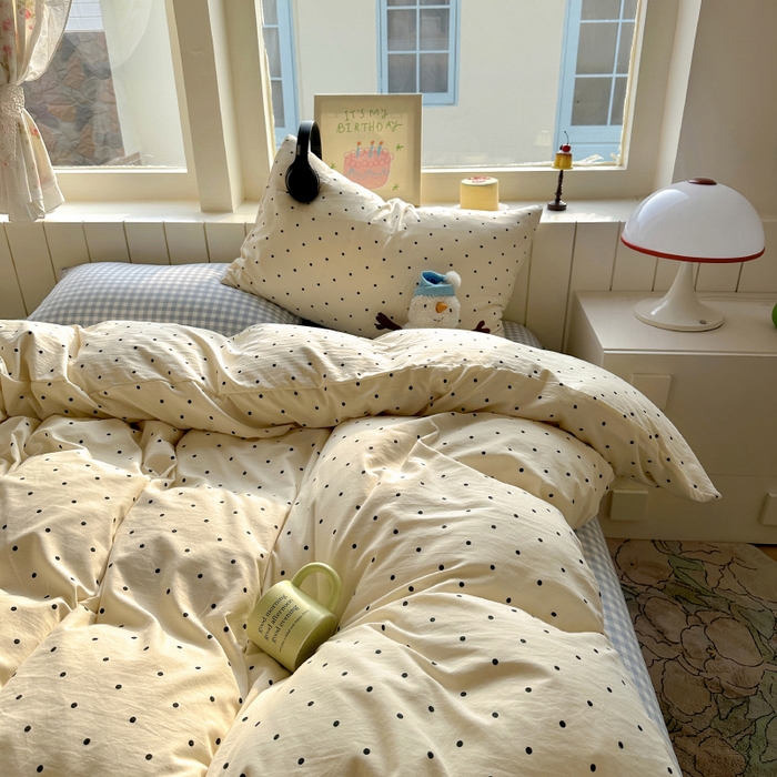 91家纺网 家纺一手货源 找家纺 冕悠家纺 2025新款少女心超柔加厚混搭格子水洗棉四件套（加微信提供买家秀 ） 米点+蓝格