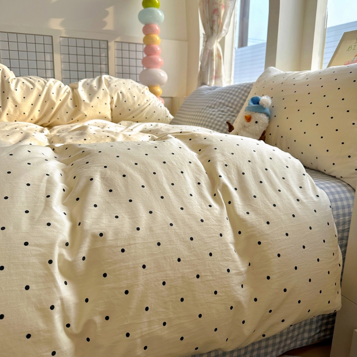 91家纺网 家纺一手货源 找家纺 冕悠家纺 2025新款少女心超柔加厚混搭格子水洗棉四件套（加微信提供买家秀 ） 米点+蓝格