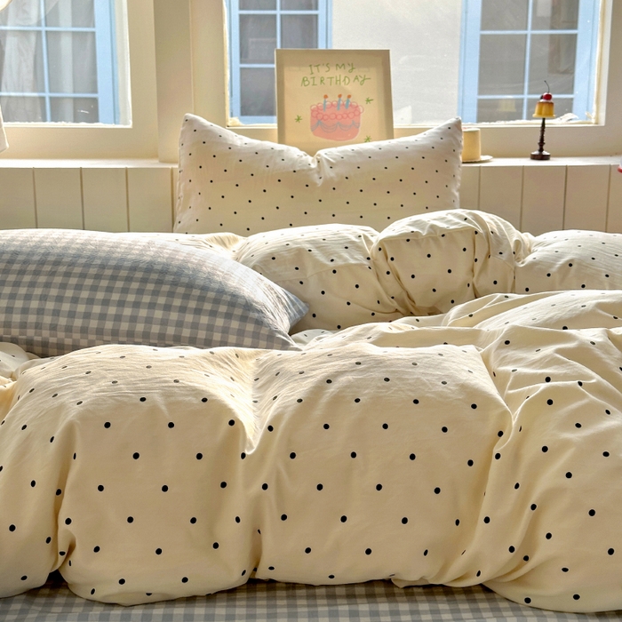 91家纺网 家纺一手货源 找家纺 冕悠家纺 2025新款少女心超柔加厚混搭格子水洗棉四件套（加微信提供买家秀 ） 米点+蓝格