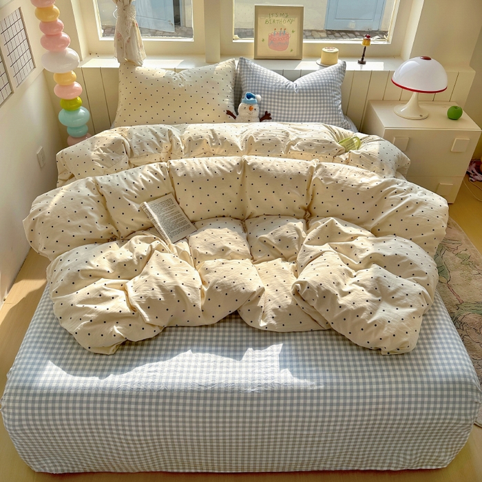 91家纺网 家纺一手货源 找家纺 冕悠家纺 2025新款少女心超柔加厚混搭格子水洗棉四件套（加微信提供买家秀 ） 米点+蓝格