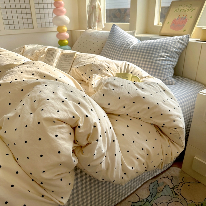 91家纺网 家纺一手货源 找家纺 冕悠家纺 2025新款少女心超柔加厚混搭格子水洗棉四件套（加微信提供买家秀 ） 米点+蓝格