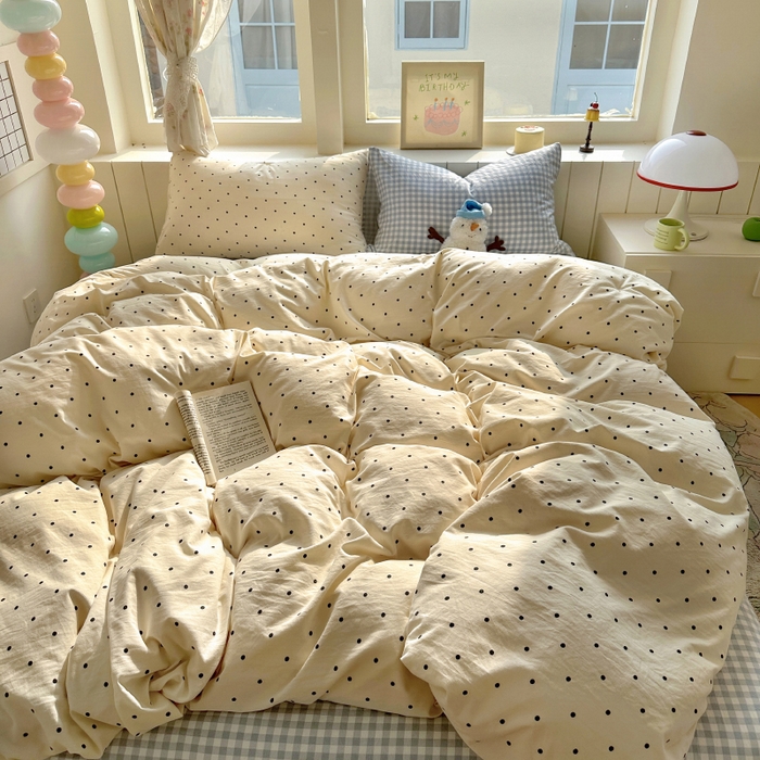 91家纺网 家纺一手货源 找家纺 冕悠家纺 2025新款少女心超柔加厚混搭格子水洗棉四件套（加微信提供买家秀 ） 米点+蓝格