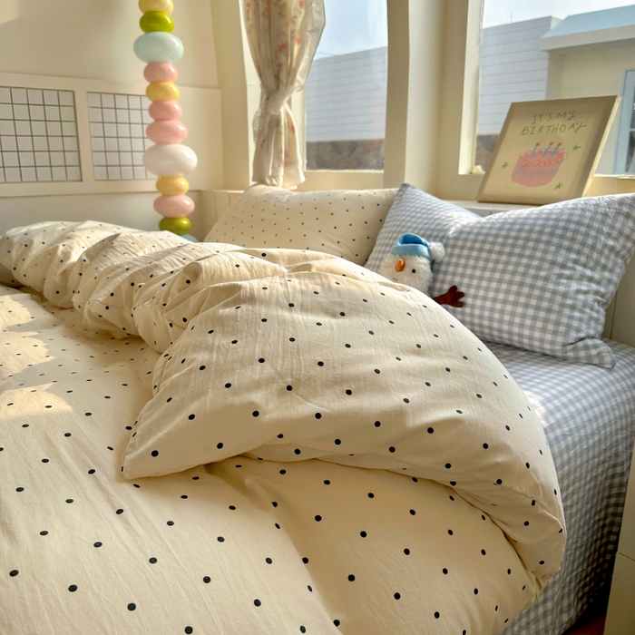 91家纺网 家纺一手货源 找家纺 冕悠家纺 2025新款少女心超柔加厚混搭格子水洗棉四件套（加微信提供买家秀 ） 米点+蓝格