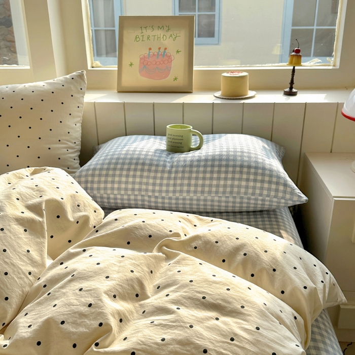 91家纺网 家纺一手货源 找家纺 冕悠家纺 2025新款少女心超柔加厚混搭格子水洗棉四件套（加微信提供买家秀 ） 米点+蓝格