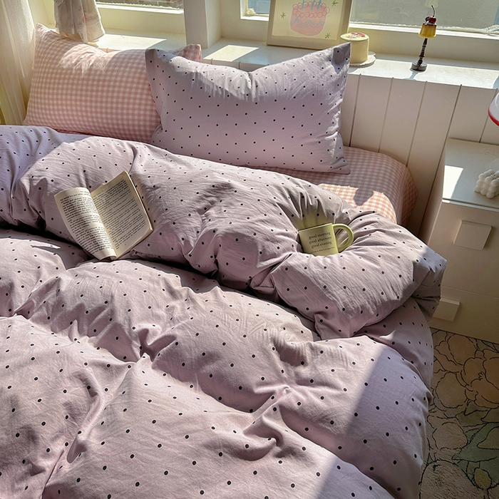 91家纺网 家纺一手货源 找家纺 冕悠家纺 2025新款少女心超柔加厚混搭格子水洗棉四件套（加微信提供买家秀 ） 紫点+粉格