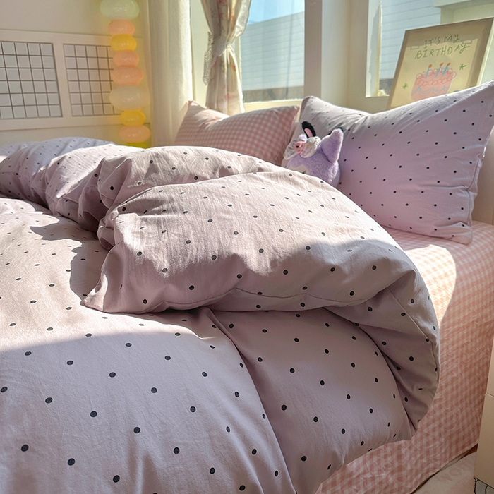 91家纺网 家纺一手货源 找家纺 冕悠家纺 2025新款少女心超柔加厚混搭格子水洗棉四件套（加微信提供买家秀 ） 紫点+粉格